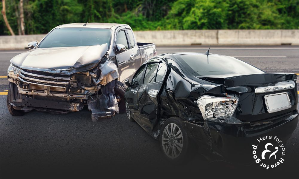 Two damaged vehicles on the highway after a accident