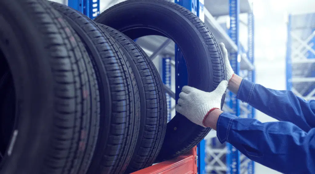 Car mechanic grabbing a tire