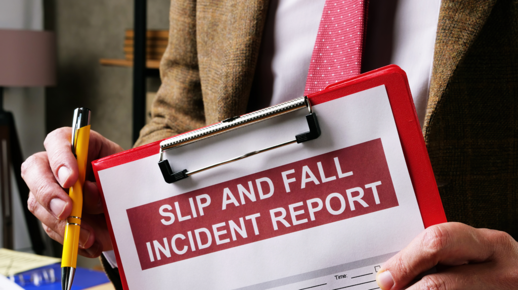 A man holding a report form of a slip and fall incident