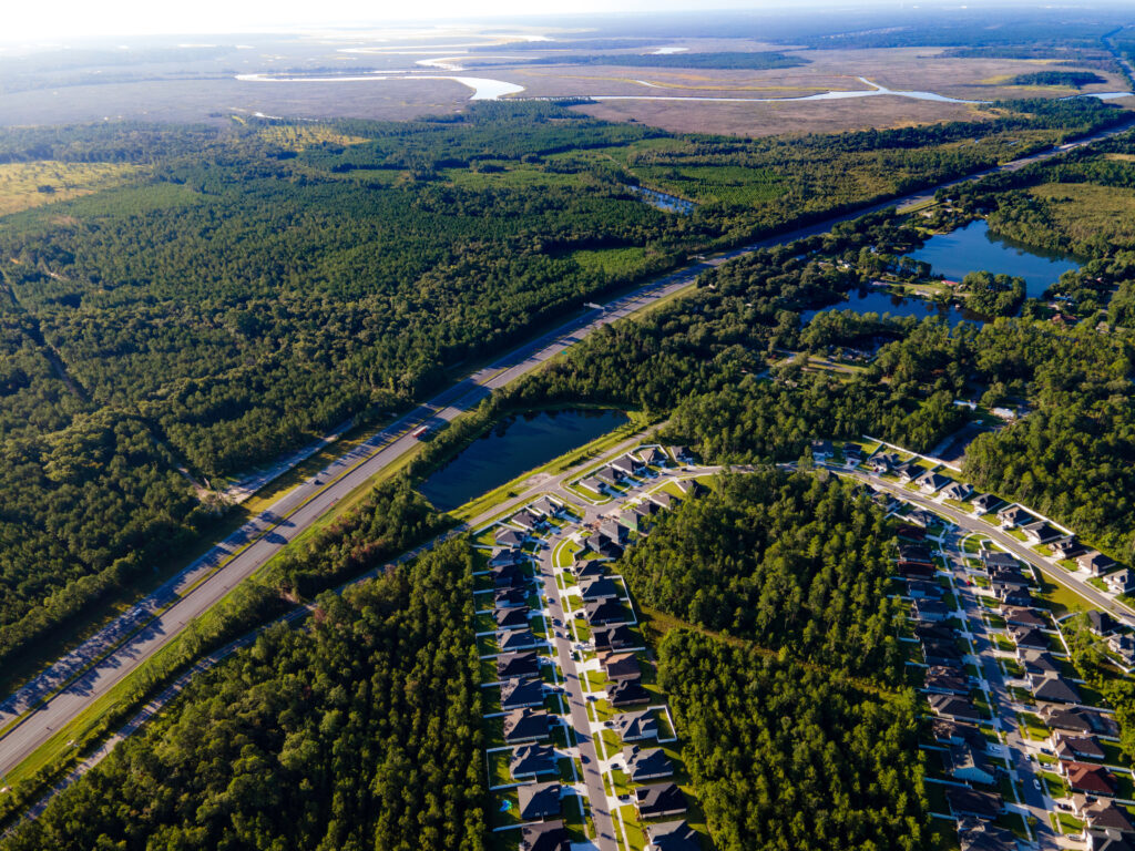Aerial view of houses in Yulee Florida and I-95 interstate.