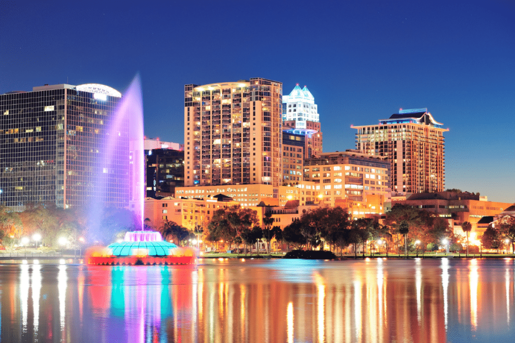 Downtown Orlando with Lake Eola fountain