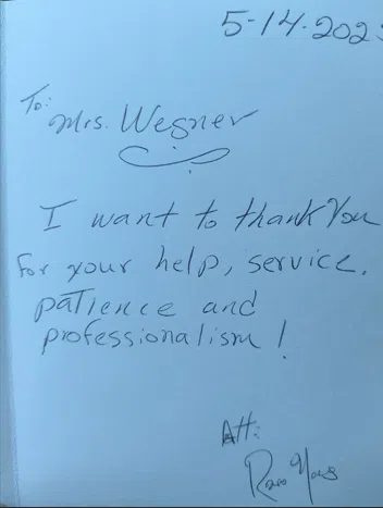 thank you note from a client to personal injury attorney Lori Wegner