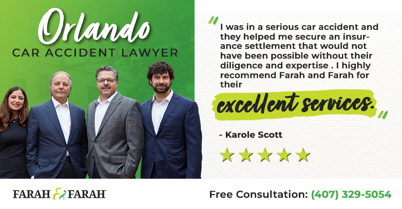 Orlando car accident lawyers next to a 5-star review for excellent service