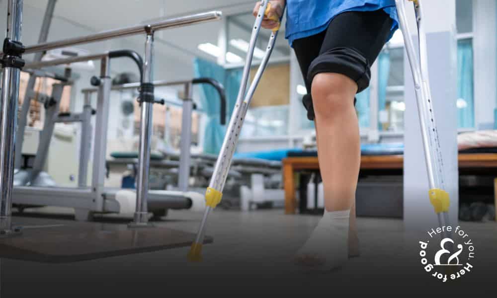 patient at a hospital with an injured foot in the physical therapy room of a hospital after an injury
