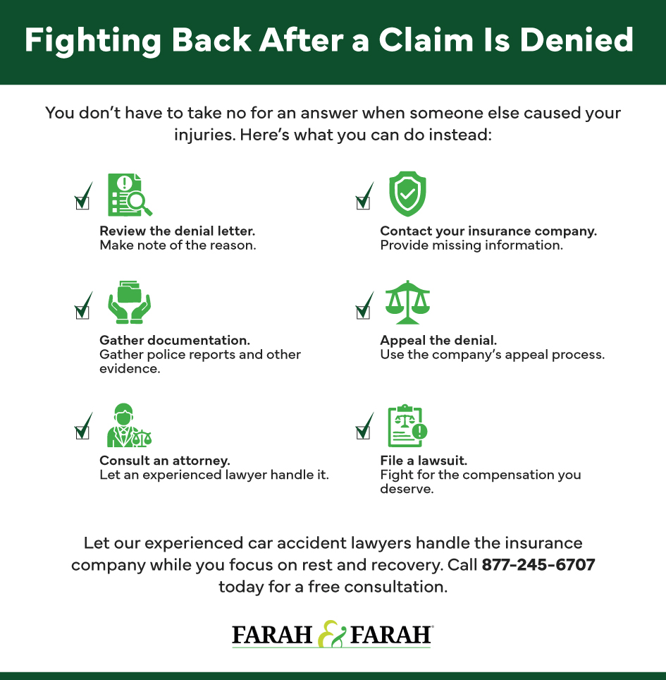 Fighting back after a claim was denied infographic including steps like reviewing the denial letter and consulting an attorney