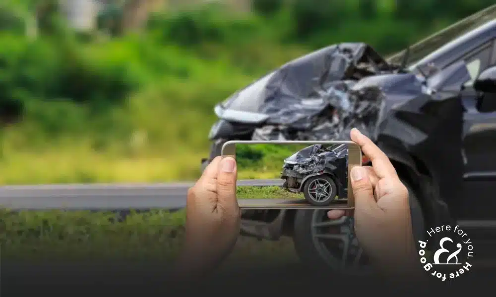 someone taking a photo of damage after a hit and run car accident as evidence for an insurance claim