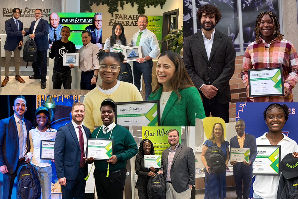 A collage of scholarship award recipients holding certificates and backpacks, pictured with representatives from Farah & Farah law firm in various celebratory settings.