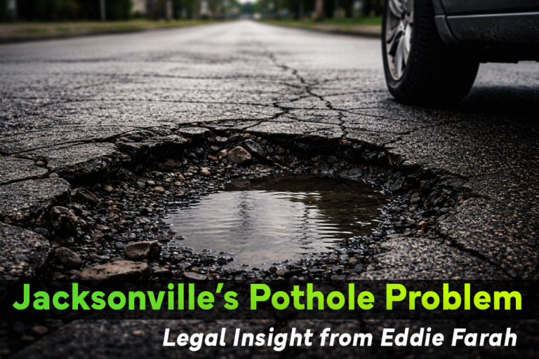 a pothole on a road in Jacksonville, Florida, with a car driving next to it