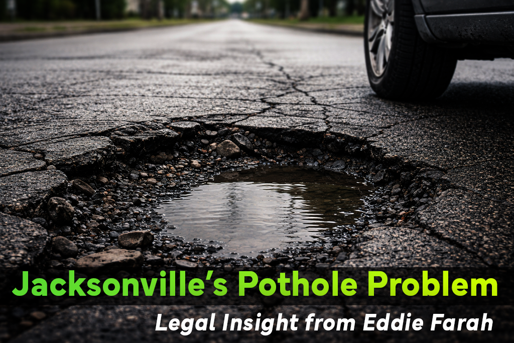 a pothole on a road in Jacksonville, Florida, with a car driving next to it