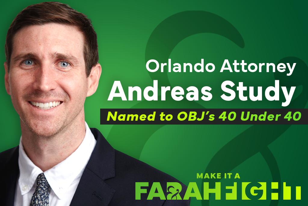 first party insurance claims attorney Andreas Study of Farah & Farah wins Orlando Business Journal's 40 Under 40 Award