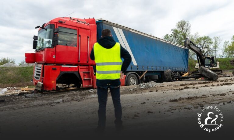 Red truck involved in an accident on the highway