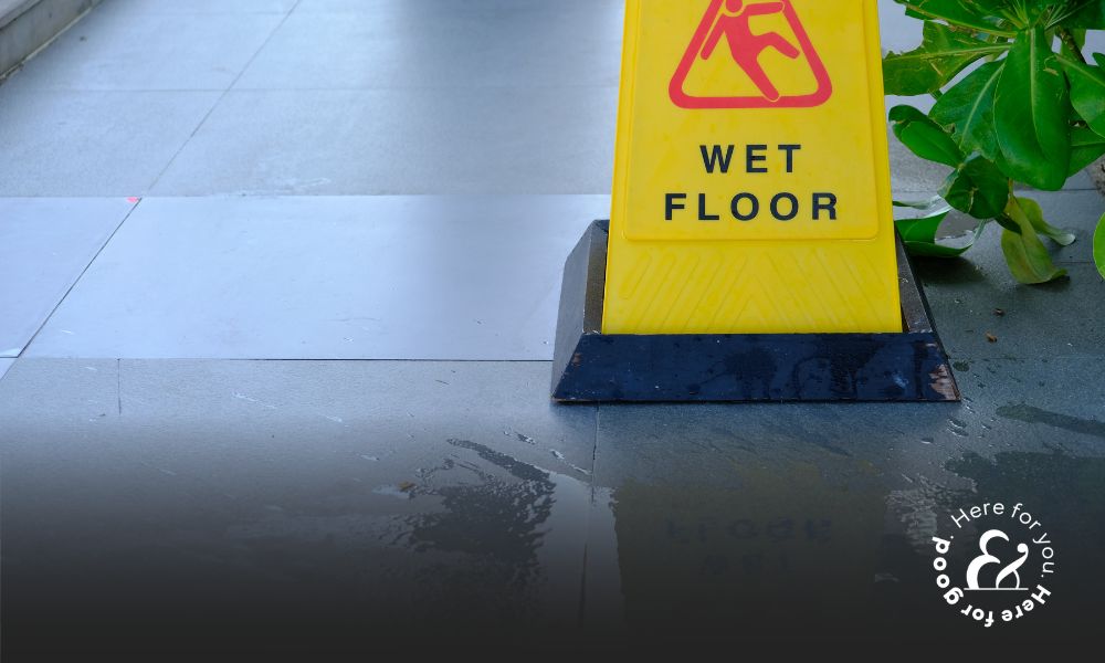 a caution wet floor sign in a casual restaurant out to prevent slip and fall accidents