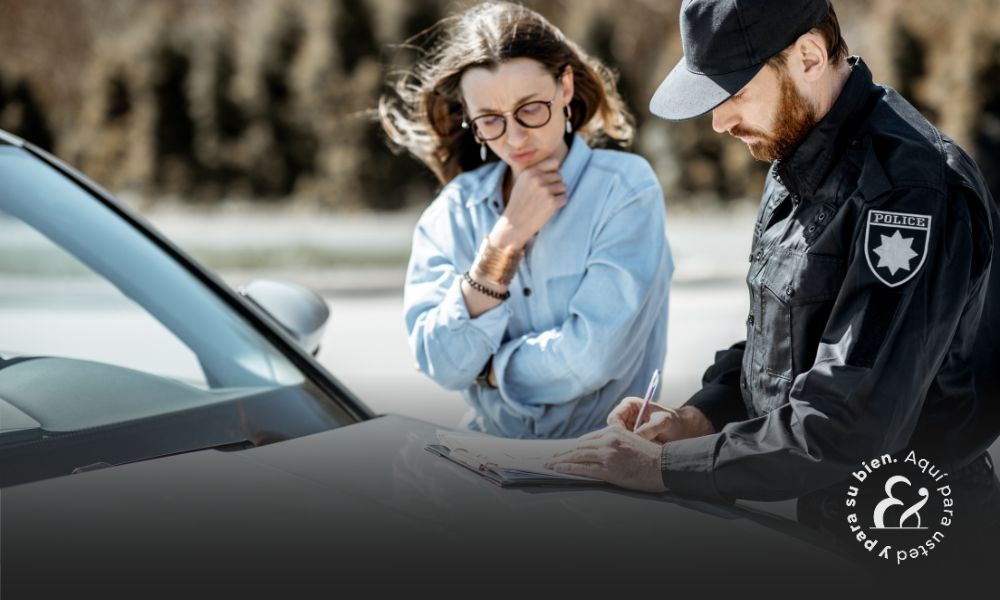 woman and police officer filing out car accident report at accident site