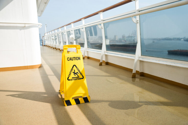 a wet floor sign on a slippery floor on a cruise ship deck out at sea