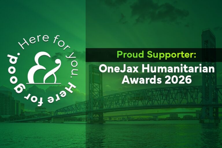 Jacksonville scene with green overlay and words of Farah & Farah's support for the OneJax Humanitarian Awards
