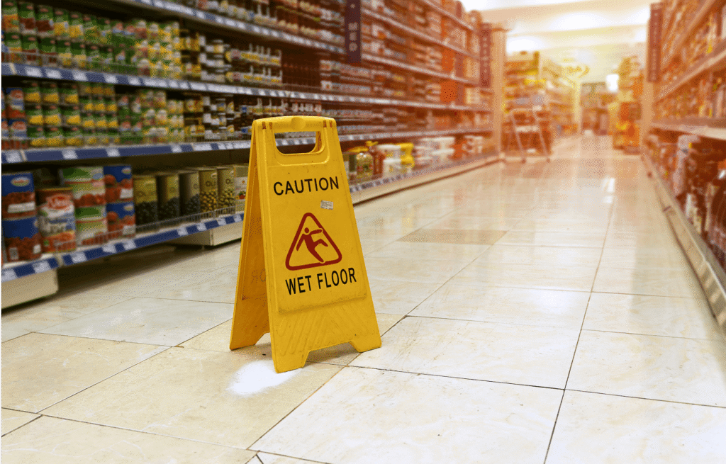 Wet floor caution in a grocery store