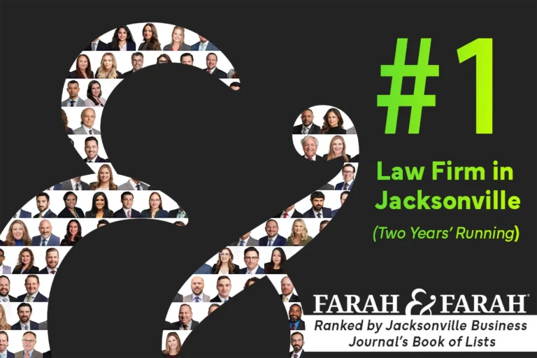 Farah & Farah featuring an ampersand graphic filled with team photos, announcing the firm as the #1 Law Firm in Jacksonville for two years running according to Jacksonville Business Journal's Book of Lists